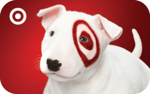 White dog with a red bullseye, in front of a Target logo—perfect for your corporate gifting solution needs. White dog with a red bullseye, in front of a Target logo—perfect for your corporate gifting solution needs.